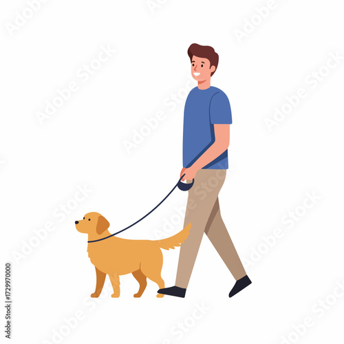 Flat Style Man Walking a Golden Retriever Dog Outdoor Illustration