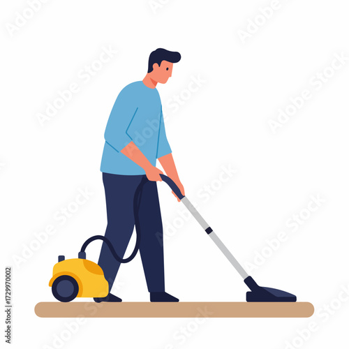 Flat Illustration Man Vacuuming Floor Cleaning Appliance Service At Home