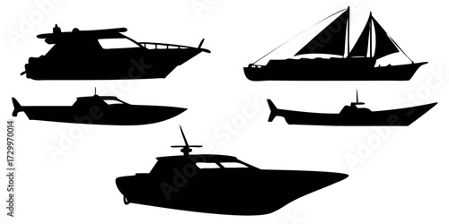 Vector Silhouette Set of Boats Sailing Yacht Fishing Vessel and Speedboat