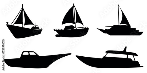 Vector Silhouette Set of Boats Sailing Yacht Fishing Vessel and Speedboat