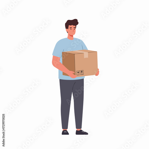 Minimalist Full Body Delivery Man Holding Cardboard Box Character Illustration