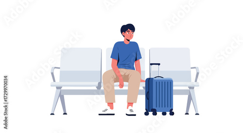 Disappointed traveler sitting on a bench at the airport with his luggage waiting anxiously for the flight arrival or departure