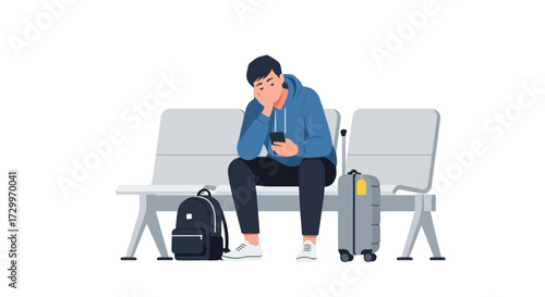 Frustrated traveller awaits, displaying airport delays, depicting modern travel anxiety and isolation associated with modern transportation