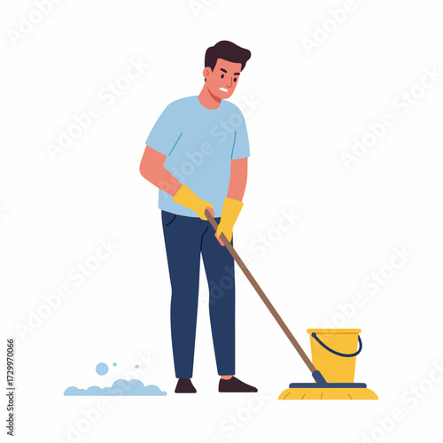 Flat Illustration of Young Man Mopping Floor with Bucket at Home