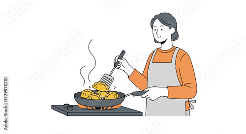 Woman preparing traditional dumplings with care on a stovetop, creating steam and emphasizing simple home cooking, illustrating domestic skills in