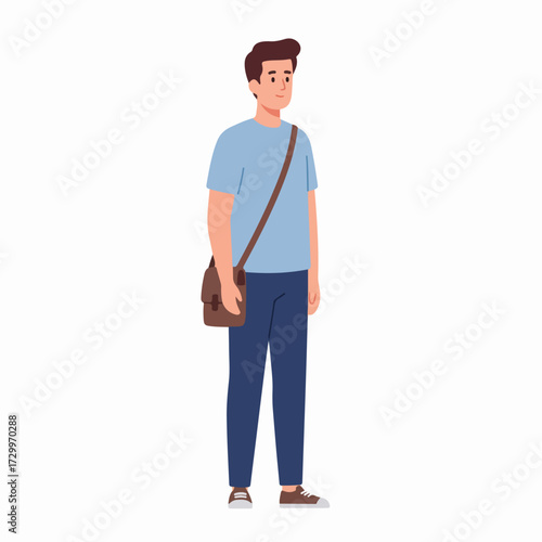 Flat Illustration Full Body Young Adult Man with Shoulder Bag
