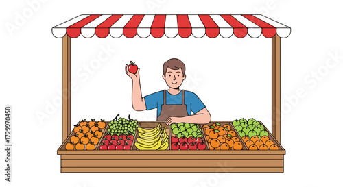 Illustrated cartoon of cheerful vendor offering fresh apple at vibrant fruit stall, showcasing healthy produce in a market setting illustration