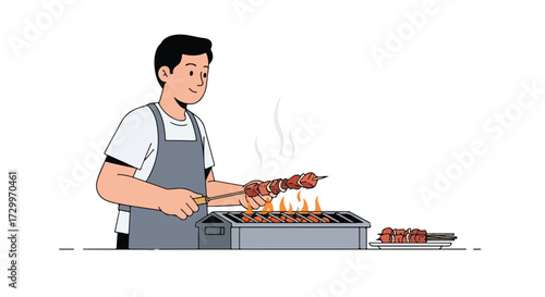 Man grilling flavorful meat skewers, backyard barbecue, enjoying outdoor cooking activities, summer grilling season preparations, and festive family