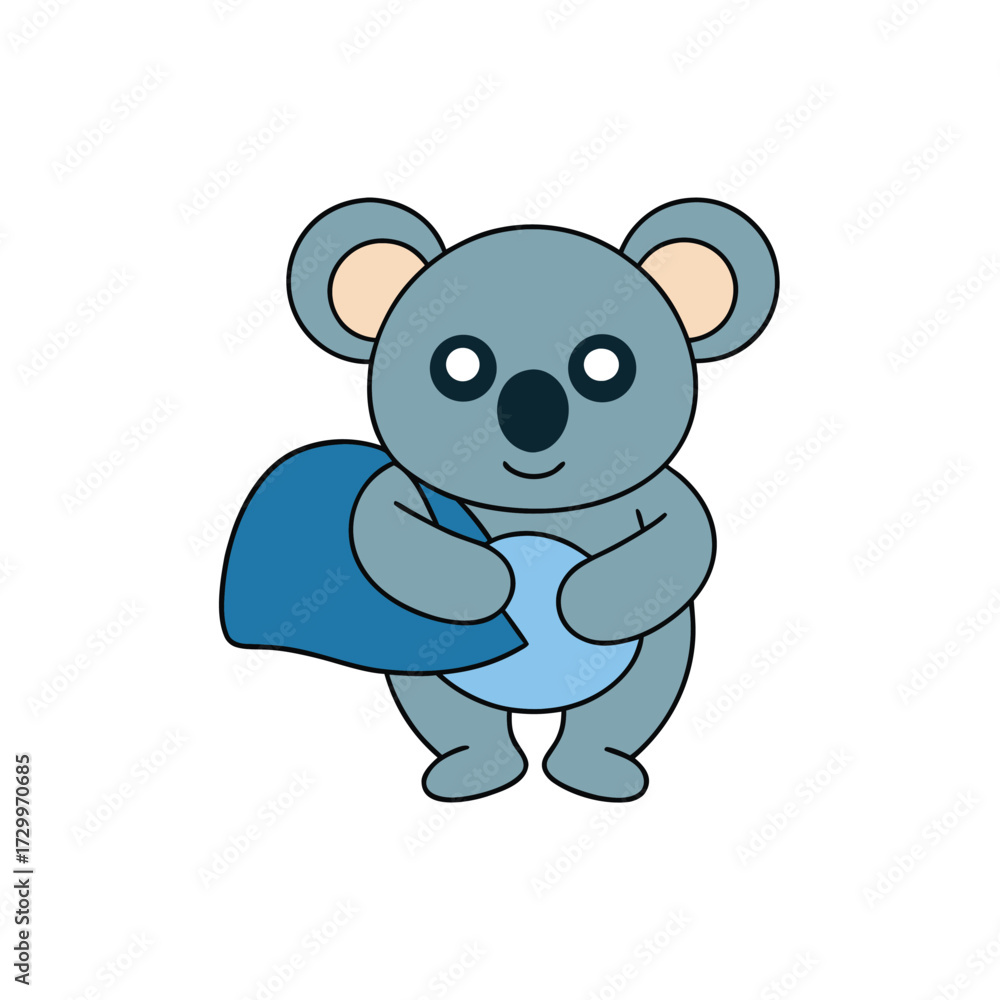 Naklejka premium Cute cartoon koala character wearing a blue cape and holding a blue ball playful vector