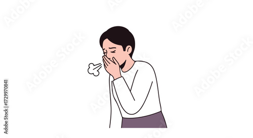 Person with illness symptom covering the face experiencing a symptom like cough or sneeze conveying a sense of discomfort and sickness in isolated