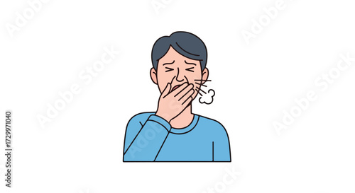 Illustrated man experiencing sickness symptoms and respiratory illness,coughing or sneezing, on a clean and plain background, health awareness