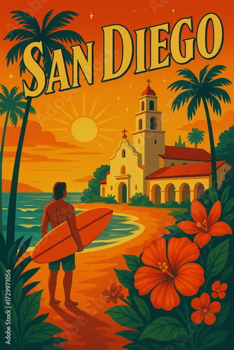 Vintage style travel poster of City skyline with iconic landmarks, warm retro colors, lighting and detailed urban scenery, ideal for tourism, wall arts, postcards and branding.