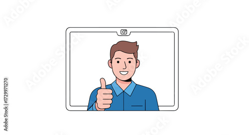 Enthusiastic man on digital tablet gives thumbs up in positive endorsement depiction with optimistic expression illustration presentation