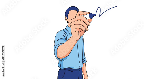 Illustration of a faceless man drawing or writing with a blue marker on a transparent surface representing concept or idea creation