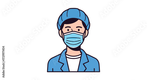 Cartoon depiction of a health worker, doctor or surgeon wearing surgical cap and mask in blue uniform showing medical profession preparedness