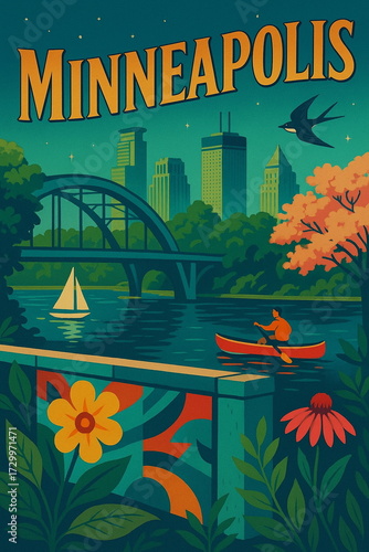 Vintage style travel poster of Minneapolis skyline with iconic landmarks, warm retro colors, lighting and detailed urban scenery, ideal for tourism, wall arts, postcards and branding.
