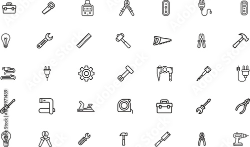 Industry tools thin line icons set. machinery, factory, equipment. editable stroke. vector illustration