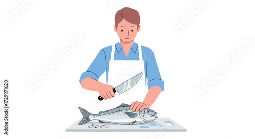 Person preparing fresh fish with knife on cutting board, showcasing culinary skill and healthy cooking for seafood enthusiasts and kitchen aficionados