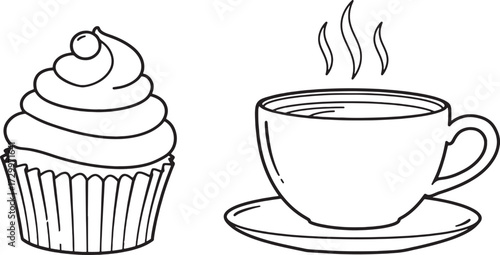 Coffee Cup with Cupcake Line Art Illustration | Simple Black and White Food Outline Drawing