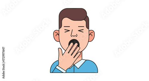 Illustration depicting a man yawning with his hand covering his mouth and closed eyes, expressing tiredness or boredom clearly portrayed with a flat