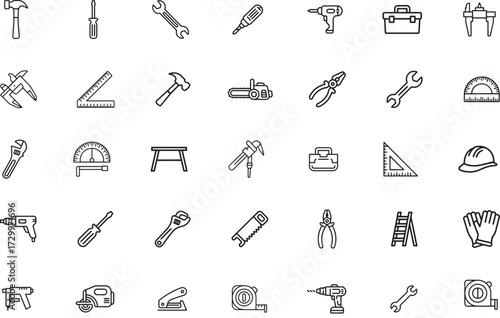 Repair tool thin line icons set. hammer, wrench, screwdriver. editable stroke. vector illustration