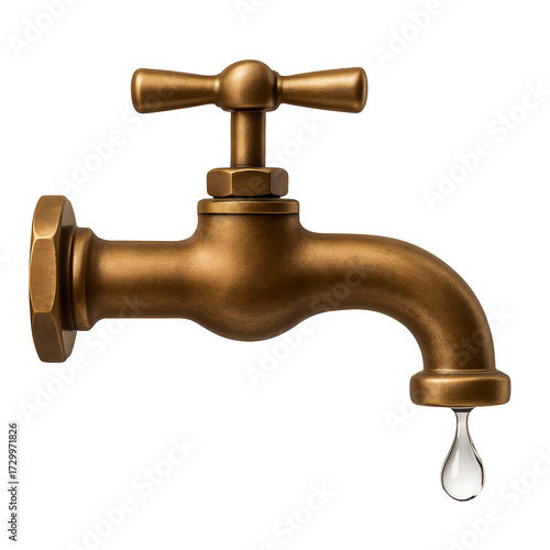 Vintage brass water tap with a dripping water drop isolated on transparent background