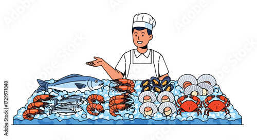A Chef Presenting a Variety of Fresh Seafood Displayed on Crushed Ice for Culinary Presentation and Gastronomic Delights