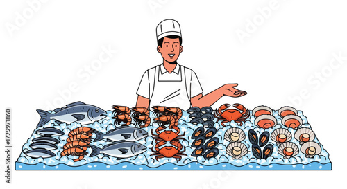 Fresh Seafood Display with Smiling Vendor Showcasing a Variety of Catch on Ice ready for cooking process at restaurant