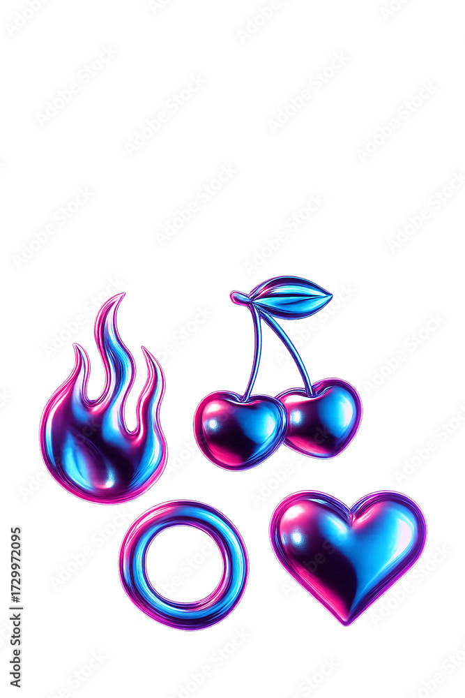 Fototapeta premium 3d illustration of shiny holographic stickers isolated on transparent background with heart, fire, cherry