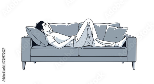 Illustration depicting a calm man relaxing on a sofa, evoking feelings of relaxation, leisure, and a peaceful atmosphere at home after a busy days