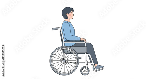 Simple line drawing depicting a person sitting in a wheelchair on a plain white background with an isolated look showing inclusivity and disability