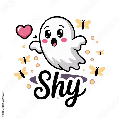 bashful ghost with fluttering butterflies, pink heart accent, friendly expression, clean white background, cute halloween sticker vector