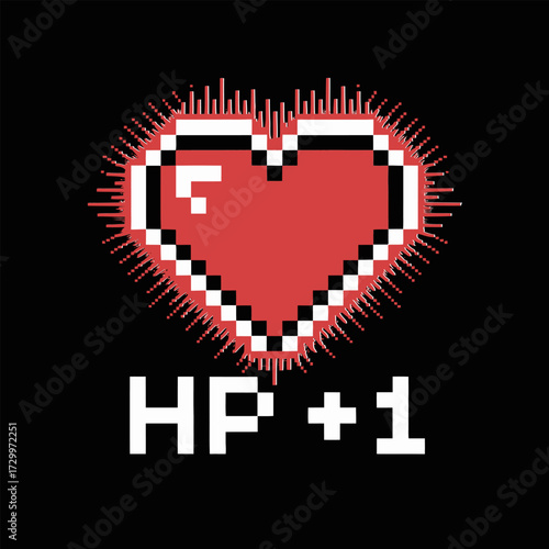 pixelated red heart icon, hit point plus one message, retro game style, neon glow edges, arcade vector