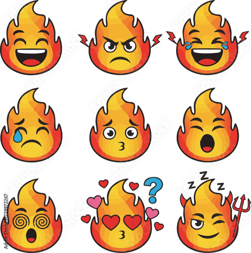 Collection of cartoon fire emoticons expressing various emotions like joy, anger, sadness, surprise, and love
