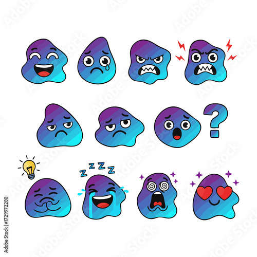 Collection of vibrant and expressive emoji-like blobs conveying various emotions
