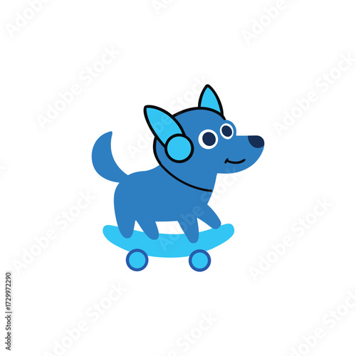 Cute blue cartoon dog wearing headphones rides a skateboard with a happy expression isolated vector