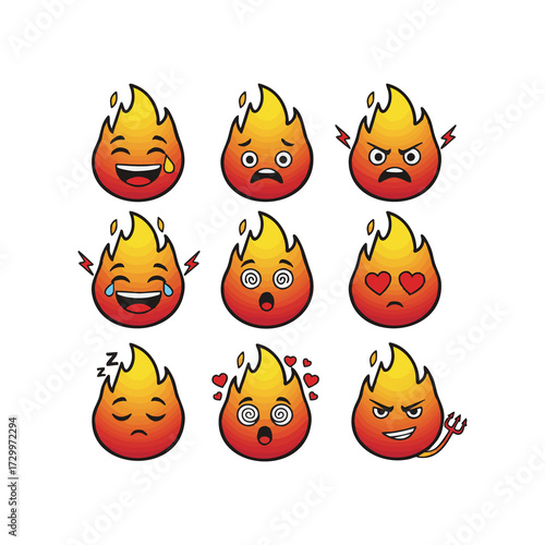 Cute Fire Emojis Set Playful Cartoon Flames with Emotions