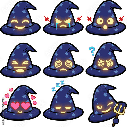 A diverse collection of cartoon wizard hat emoticons, an expressive set of magical character icons for digital communication