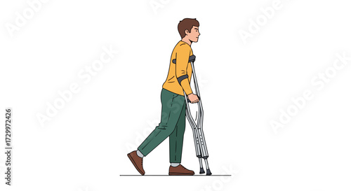 Illustrated man with crutches in rehabilitation phase and recovery process, seeking orthopedic support after accident with mobility aids, stepping
