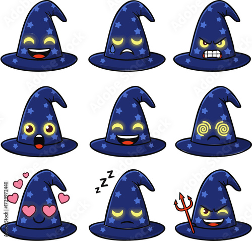 Cute collection of magical wizard hat characters expressing a wide range of emotions. Set of adorable sorcerer cap emojis for fantasy graphic design