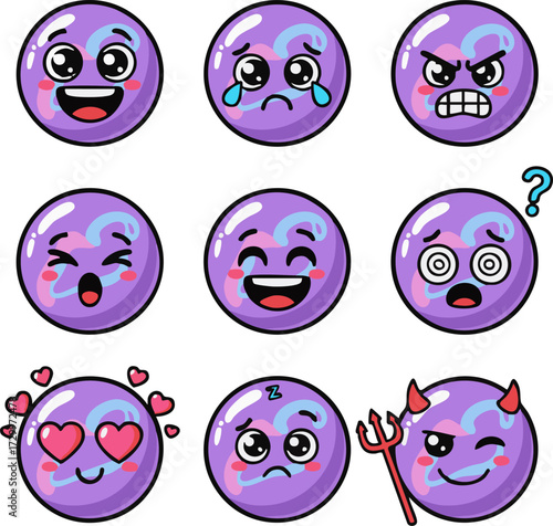 Set of nine round purple cartoon faces with various expressive emotions like happiness, sadness, anger, surprise, and mischief, displayed in a 3x3 grid