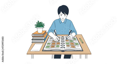 Diligent planning and organizational skills depicted through a focused individual working on a meticulously detailed schedule chart