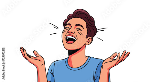 Expressive cartoon character displaying extreme laughter and exaggerated hand gestures of disbelief and joy, full of positive emotion