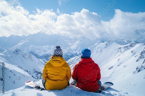 Two snowboarders sitting on a snowy mountain top looking at the mountain range and cloudy sky