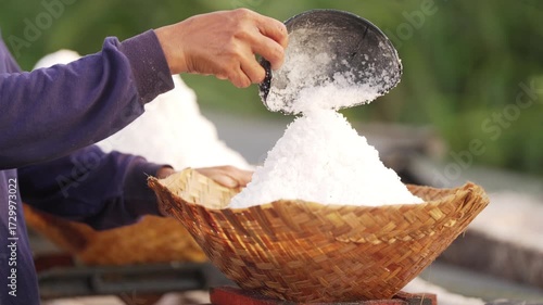 Close-up, farmer hand with harvested natural sea salt in bali, indonesia, traditional farming, bamboo basket, coconut shell bowl