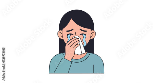 Cartoon illustration displaying a young woman in distress expressing intense sadness and wiping tears with tissue paper as a depiction of grief