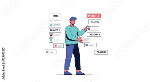 Effective task management strategy illustration portraying a man organizing and prioritizing tasks for optimal productivity and workflow improvement