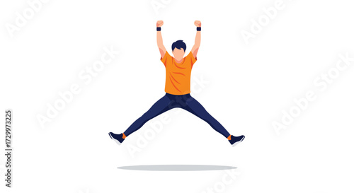 Energized individual jumping high, celebrating success with arms raised and legs extended, vibrant and dynamic