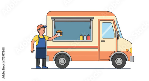 Mobile Food Service: Food Truck Vendor Serving Up a Classic Hamburger with Colorful Design Elements for a Dynamic Visual Appeal