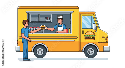 Street food vendor handing over a juicy burger to a happy customer at a vibrant food truck illustration